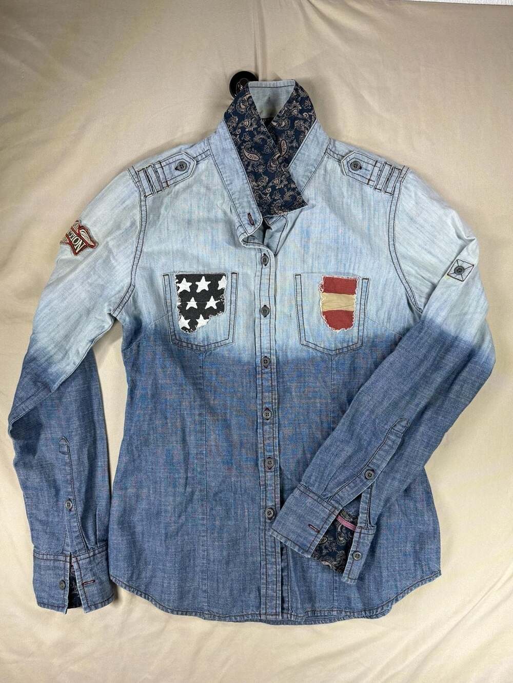 Affliction Button Down Shirt Ombre US Flag Patch Denim XS